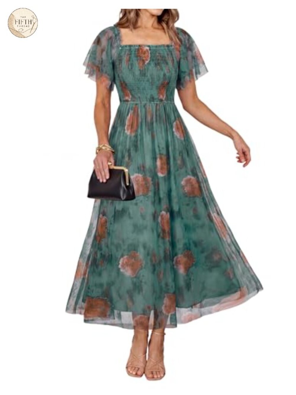 Womens Floral Mesh Maxi Dress Square Neck Smocked Boho Wedding Guest